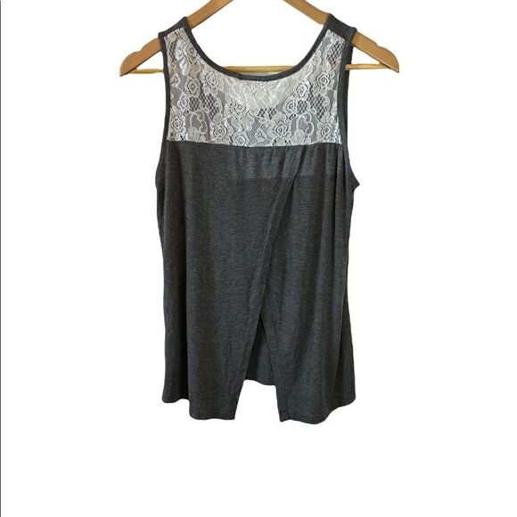 NOISY MAY Grey Cream Lace Top Open Back Sleeveless Wide Strap Lightweight Tank M - Picture 1 of 10